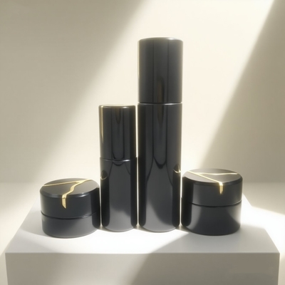 Ensemble de flacons et pots ronds de luxe en verre noir pour cosmétiques de 30 ml, 50 ml, 100 ml et 120 ml avec pompe à lotion - OEM