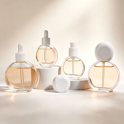 Luxury Flat Round Glass Bottle 30ml 60ml Dropper/pump Lotion Bottle Cosmetic Packaging Wholesale From Source Factory