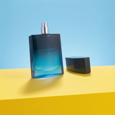 Flacon de parfum vide de luxe et élégant en verre carré de 100 ml avec pulvérisateur à pompe, couleur dégradée noir et bleu, col de 15 mm