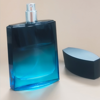 Flacon de parfum vide de luxe et élégant en verre carré de 100 ml avec pulvérisateur à pompe, couleur dégradée noir et bleu, col de 15 mm