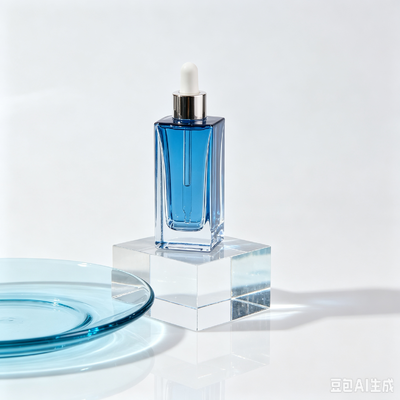 Flacon compte-gouttes en verre transparent bleu, flacon d'emballage de sérum cosmétique à base épaisse et carrée avec compte-gouttes en caoutchouc blanc