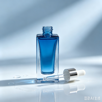 Flacon compte-gouttes en verre transparent bleu, flacon d'emballage de sérum cosmétique à base épaisse et carrée avec compte-gouttes en caoutchouc blanc