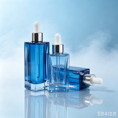 Flacon compte-gouttes en verre transparent bleu, flacon d'emballage de sérum cosmétique à base épaisse et carrée avec compte-gouttes en caoutchouc blanc