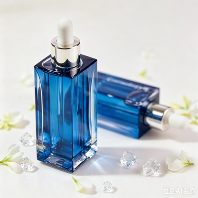 Flacon compte-gouttes en verre transparent bleu, flacon d'emballage de sérum cosmétique à base épaisse et carrée avec compte-gouttes en caoutchouc blanc