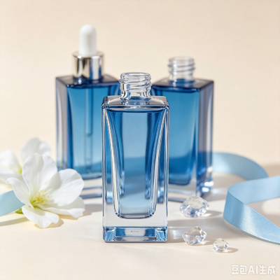 Flacon compte-gouttes en verre transparent bleu, flacon d'emballage de sérum cosmétique à base épaisse et carrée avec compte-gouttes en caoutchouc blanc