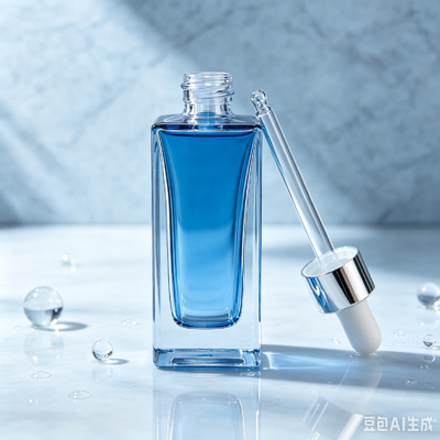 Flacon compte-gouttes en verre transparent bleu, flacon d'emballage de sérum cosmétique à base épaisse et carrée avec compte-gouttes en caoutchouc blanc
