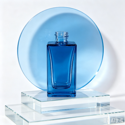 Flacon compte-gouttes en verre transparent bleu, flacon d'emballage de sérum cosmétique à base épaisse et carrée avec compte-gouttes en caoutchouc blanc