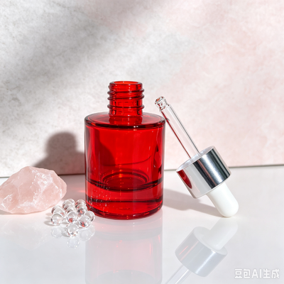 Flacon à goutte à goutte en verre transparent rouge, épaisseur de base, emballage d'huile de sérum cosmétique avec goutte à goutte en caoutchouc blanc