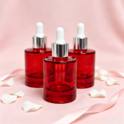 Flacon à goutte à goutte en verre transparent rouge, épaisseur de base, emballage d'huile de sérum cosmétique avec goutte à goutte en caoutchouc blanc