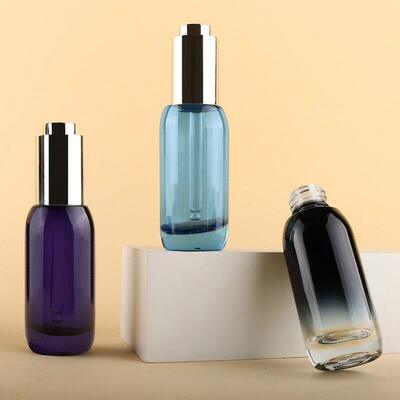 30ml Luxury Gradient Glass Press Dropper Bottle, Serum Oil Bottle with Aluminum Collar, Custom Print Wholesale Skincare Pack